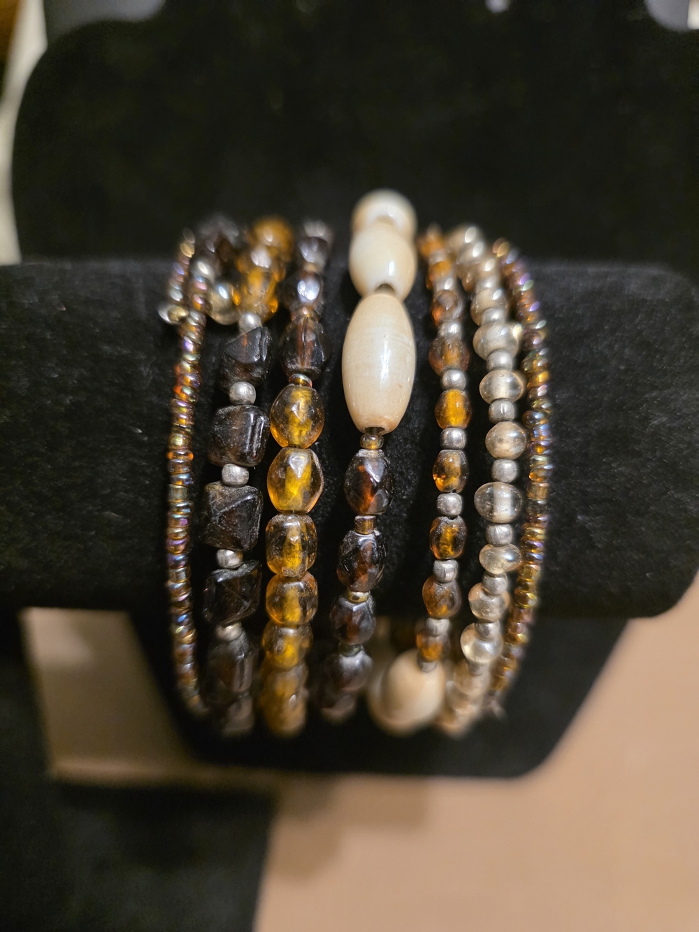 #266 Handcrafted Multi-Strand Brown & Gold Beaded Bracelet